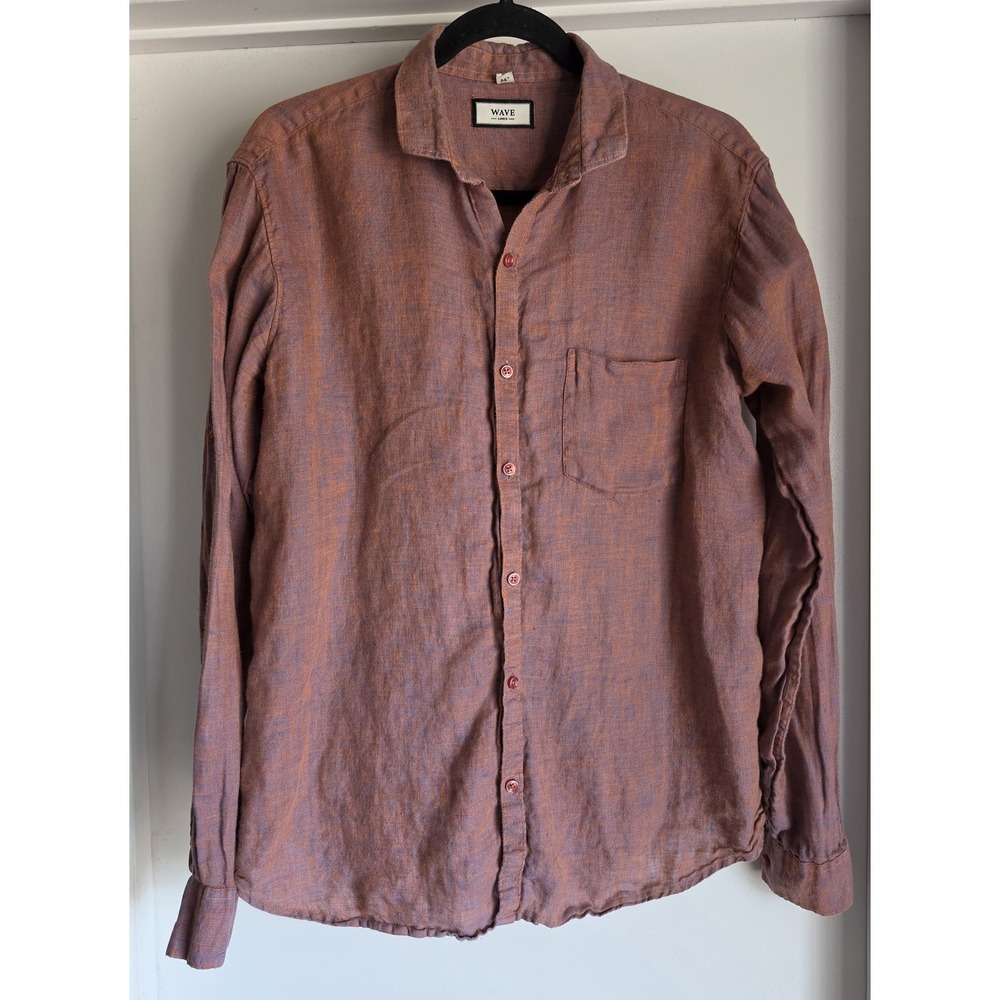 WAVE Men 2XL Linen Shirt Long Sleeve Collared Orange Blue Casual Coastal